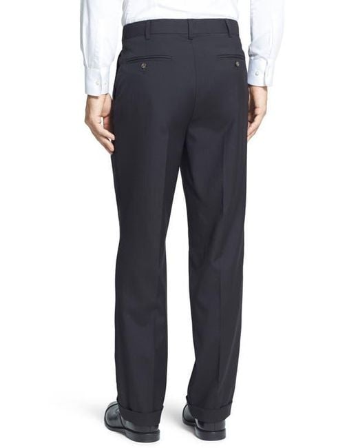 Berle Blue Self Sizer Waist Plain Weave Pleated Washable Trousers for men