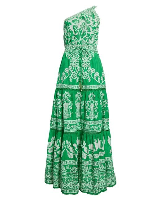 Farm Rio Green Sweet Garden One-shoulder Tiered Maxi Dress