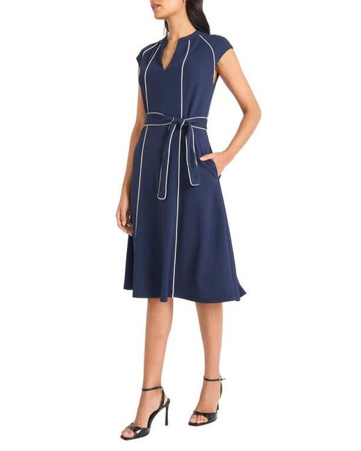 Maggy London Blue Contrast Piped Belted Midi Dress