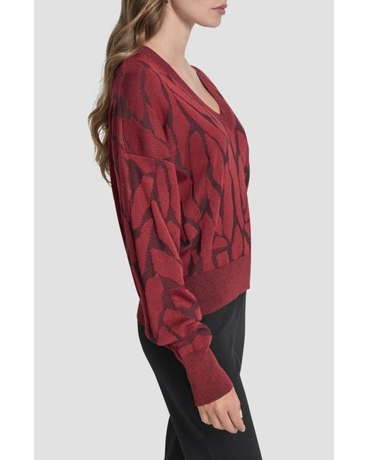DKNY Red Jacquard V-Neck Sweater