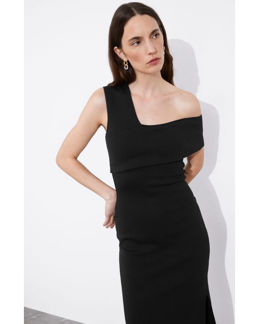 & Other Stories Black & One-shoulder Asymmetric Midi Dress