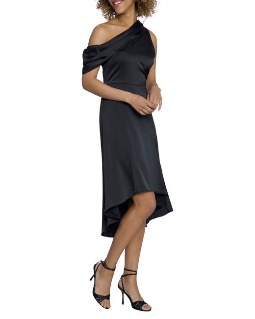Maggy London Black Asymmetric High-low Satin Midi Dress