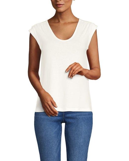 Lands' End Women's Blue Linen Blend Cap Sleeve Gathered Shoulder Tee