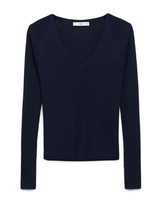 Mango Women's Blue V-Neck Rib Knit Sweater