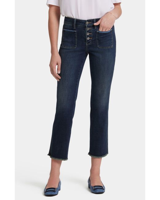 NYDJ Blue Marilyn Frayed Exposed Button Ankle Straight Leg Jeans