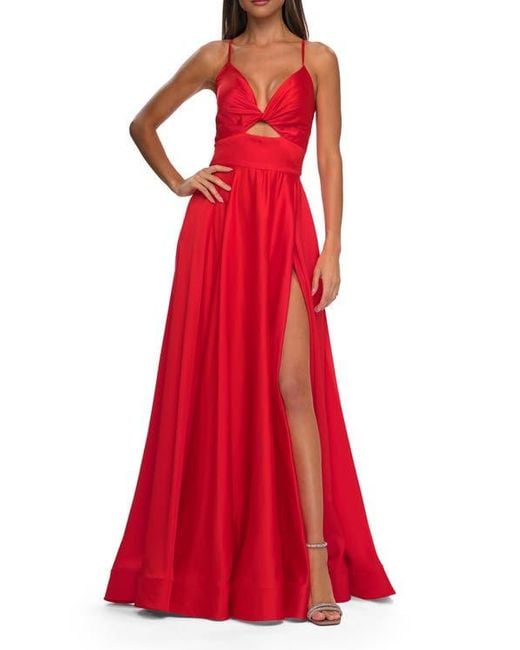 La Femme Women's Red Satin A-Line Gown With Cut Out And Twist Bodice