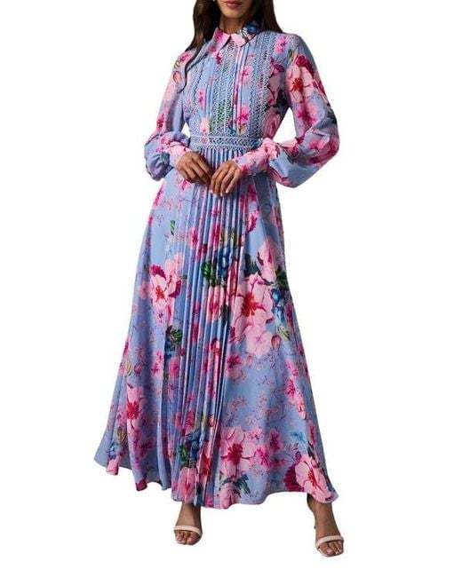 Coast Purple Pleated Lace Trim Long Sleeve Midi Dress