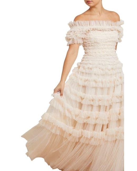 Needle & Thread Natural Lisette Ruffle Off Shoulder Gown