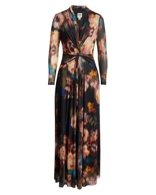 Anne Klein Blurred Floral Twist Front Long Sleeve Mesh Maxi Dress in Black  | Lyst