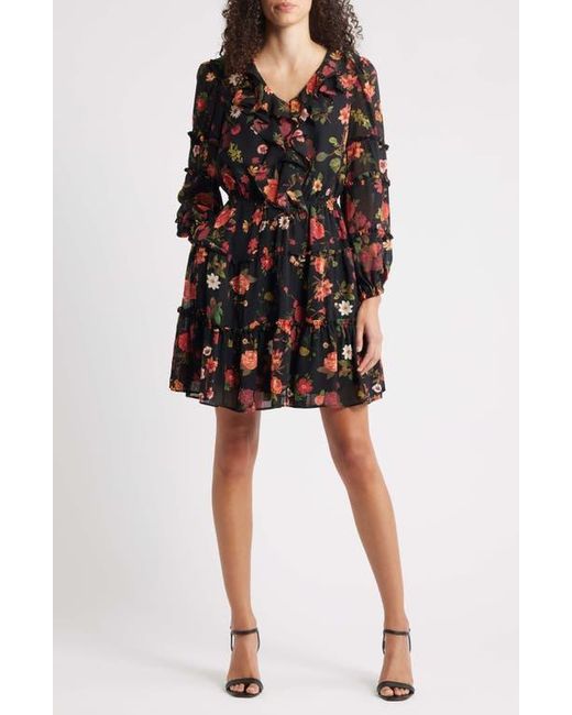 Cece Black Floral Long Sleeve Ruffle Dress
