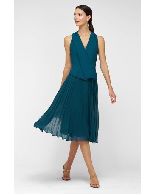 Kay Unger Blue Orella Pleated Mixed Media Cocktail Dress