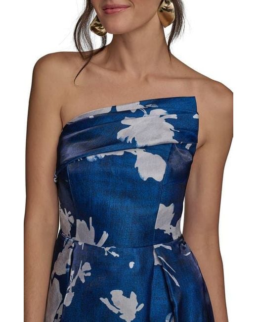 Donna Karan Blue Floral Print Strapless Gown