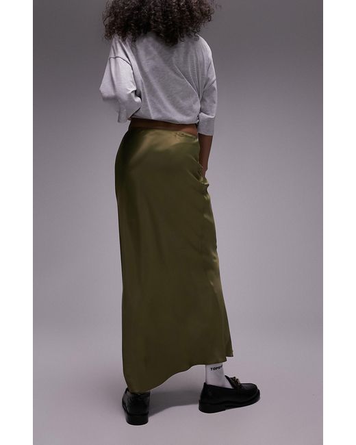 TOPSHOP Green Satin Midi Skirt