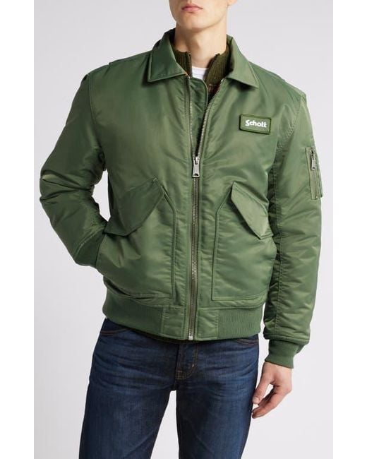 Schott Nyc Green Water Resistant Satin Flight Jacket for men