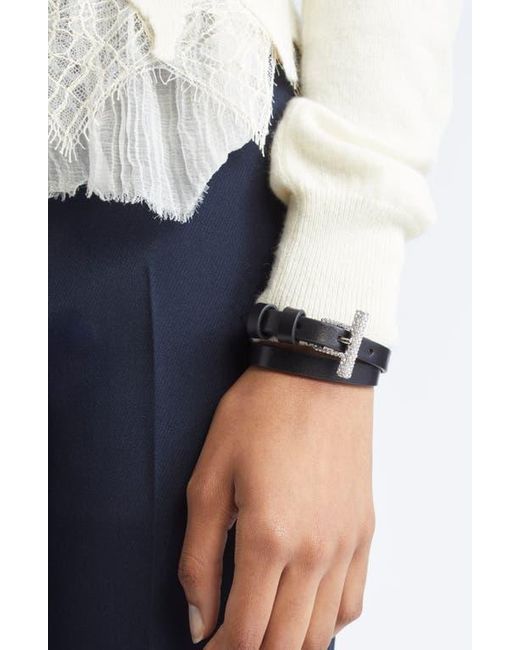 Alexander McQueen Black Crystal Pavé T-Bar Leather Wrap Bracelet