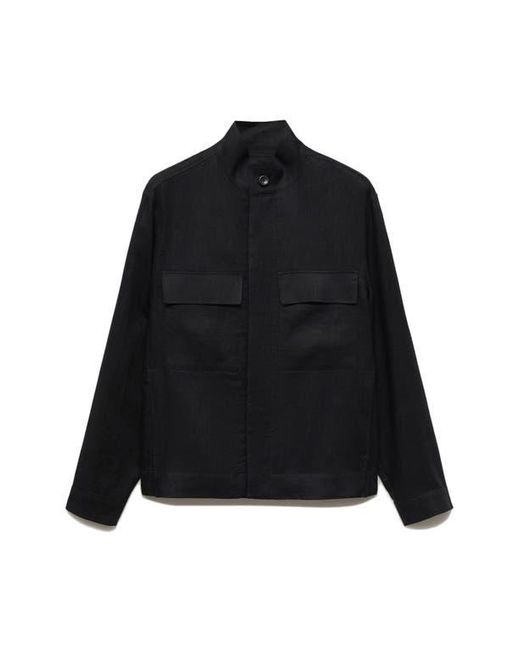 Mango Black Linen Jacket With Stand Collar for men