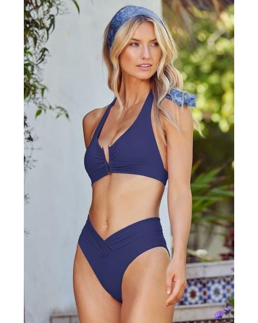 Becca Blue Shirred V-Wire Halter Bikini Top