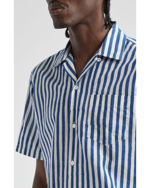 Drake's Blue Block Stripe Cotton Camp Shirt for men