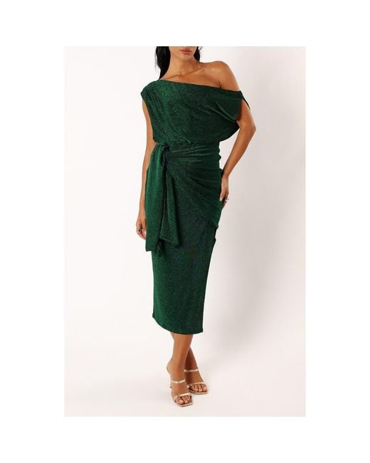 Petal & Pup Green Santiago Metallic Side Tie One-Shoulder Midi Dress