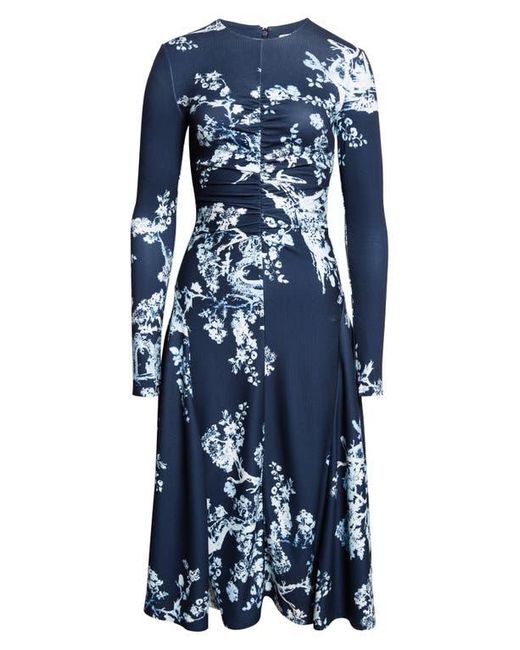 Erdem Blue Gathered Floral Print Jersey Midi Dress