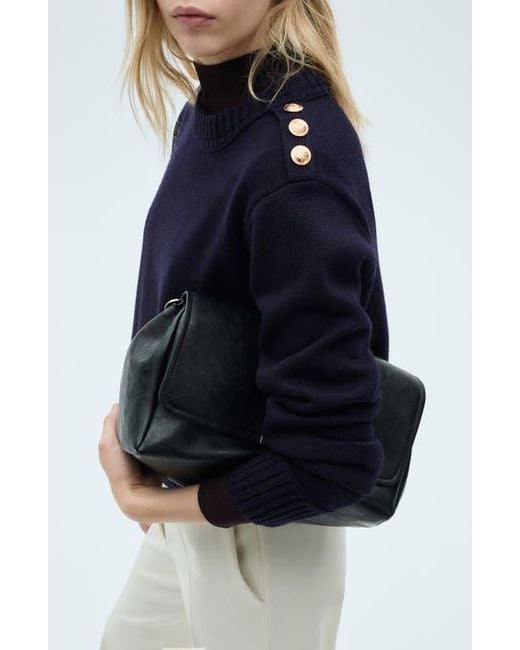 Mango Blue Button Shoulder Mock Neck Sweater