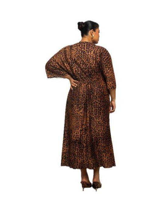 FASHION-SZN CURVE Brown 3/4 Sleeve Leopard Print Midi Dress