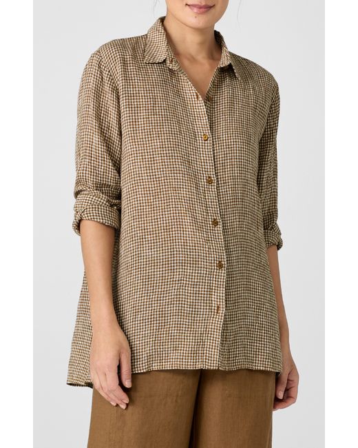 Eileen Fisher Natural Classic Gingham Organic Linen Button-up Shirt