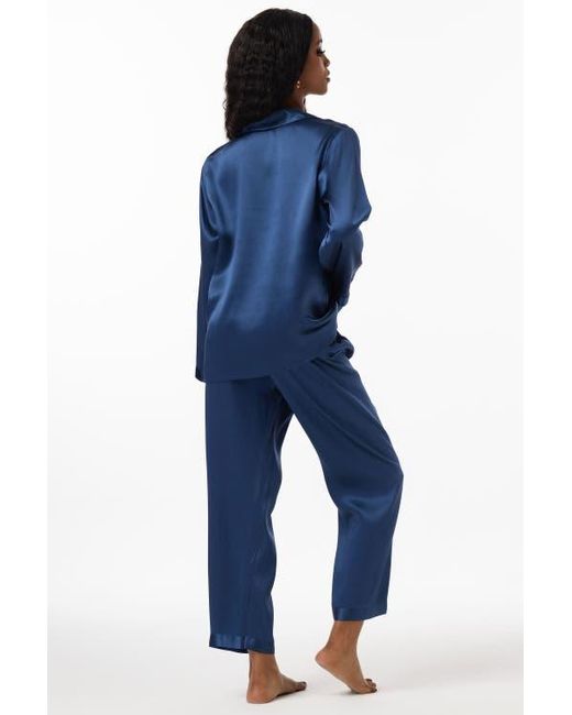 Siksilk Blue Silk Button Up Collared Pajama Set
