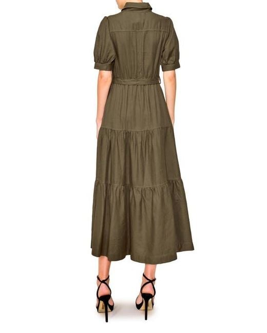 MELLODAY Green Puff Sleeve Linen Blend Maxi Shirtdress