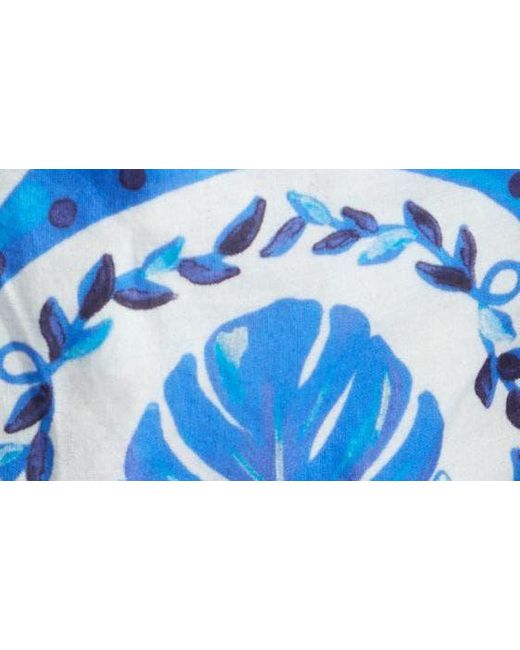 Farm Rio Blue Tile Dream Cotton Puff Sleeve Peplum Top