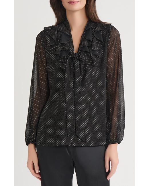 Kasper Black Ruffle Tie Front Top