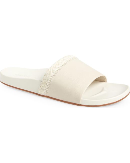 Olukai White Pākea Leather Slide Sandal