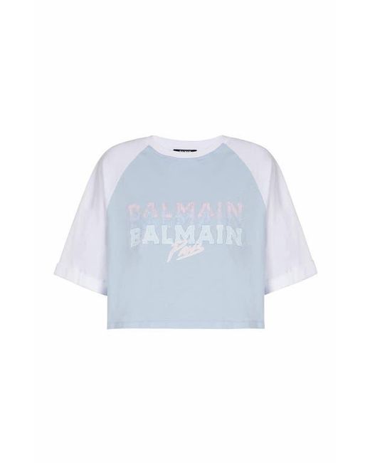 Balmain Blue Cropped T-Shirt With Paris Print