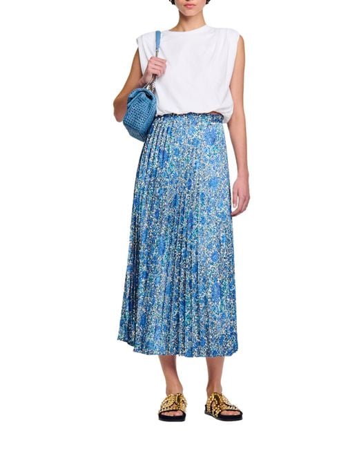 Sandro Blue Anjel Floral Pleated Skirt