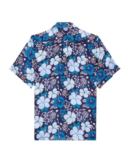Vilebrequin Blue Bowling Linen Tropical Turtles Shirt for men