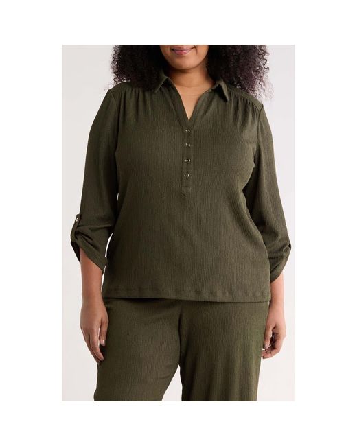 Anne Klein Green Half Placket Roll Tab Top