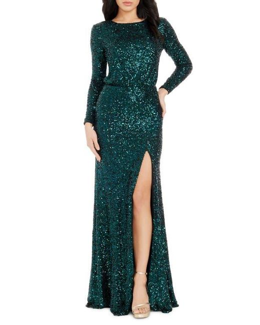 Dress the Population Mischa Sequin Side Slit Long Sleeve Gown in Green Lyst