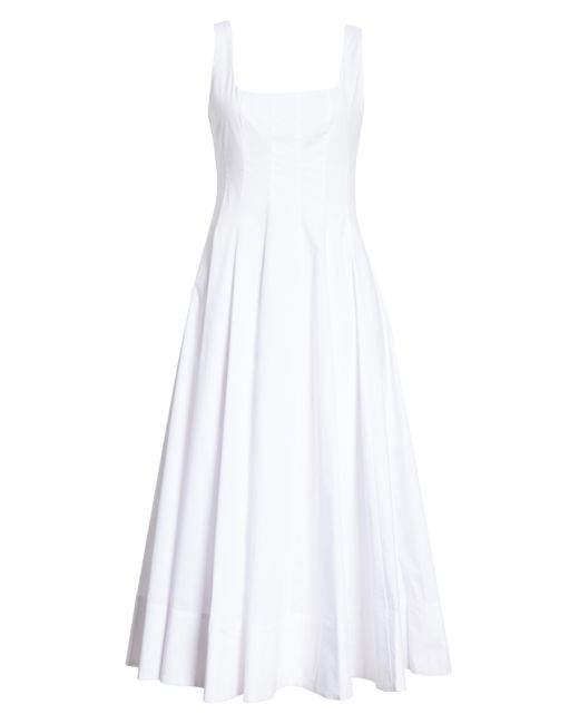 Staud White Wells Stretch Cotton Poplin Midi Fit & Flare Dress