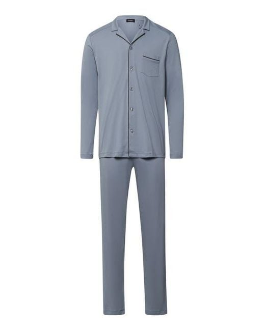 Hanro Blue Night And Day Button Front Cotton Pajama Set for men