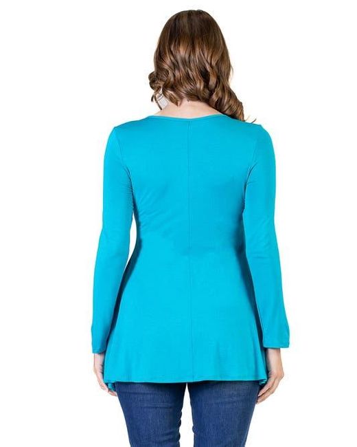 24seven Comfort Apparel Blue Long Sleeve Solid Color Swing Style Flared Tunic Top