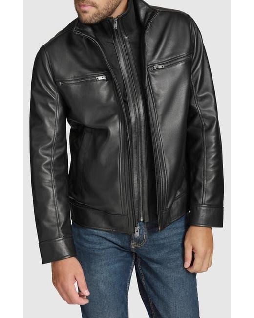 Andrew Marc Black Leather Moto Jacket With Attached Bib for men