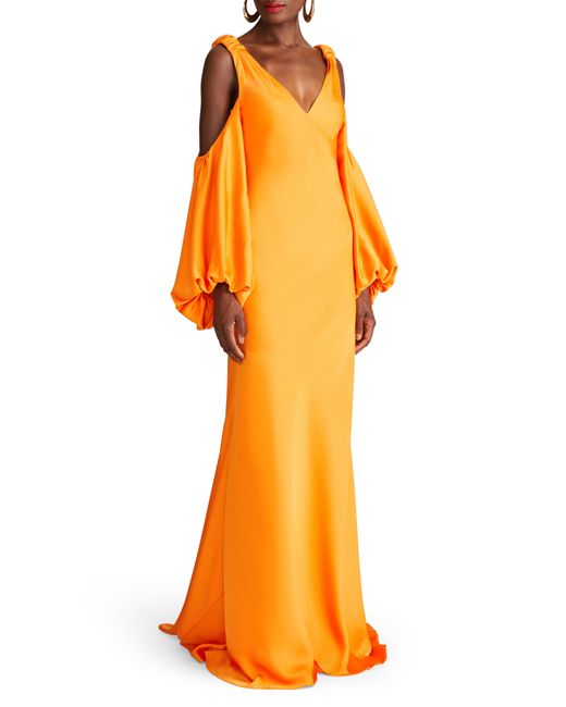 Halston Heritage Orange Binnie Cold Shoulder Long Sleeve Satin Gown