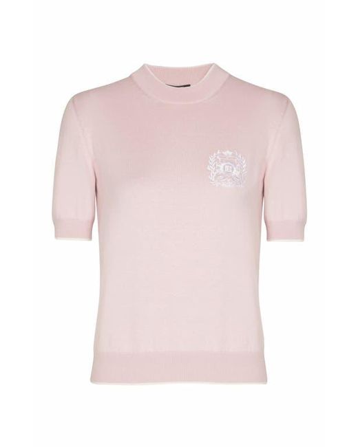 Balmain Pink Emblème-Embroidered Knit Top