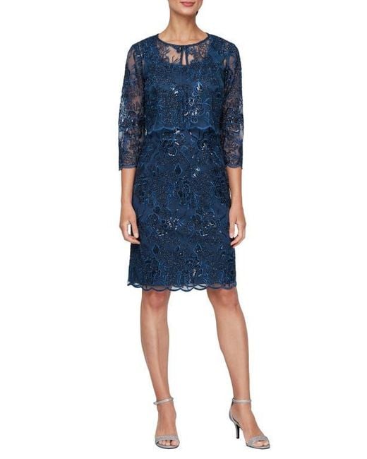 Alex Evenings Women's Blue Sequin Embroidered Floral Sleeveless