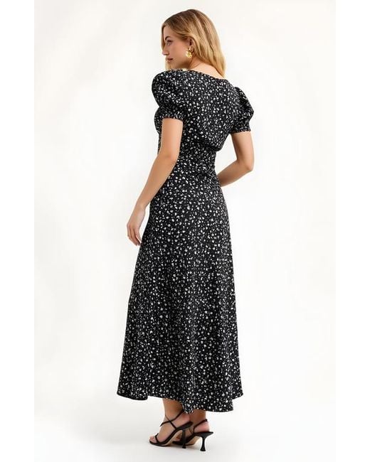 Modenaire Black Floral Print Maxi Dress With Puff Sleeves