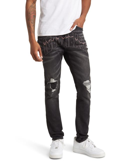 ICECREAM Black Frosty Embroidered Ripped Jeans for men