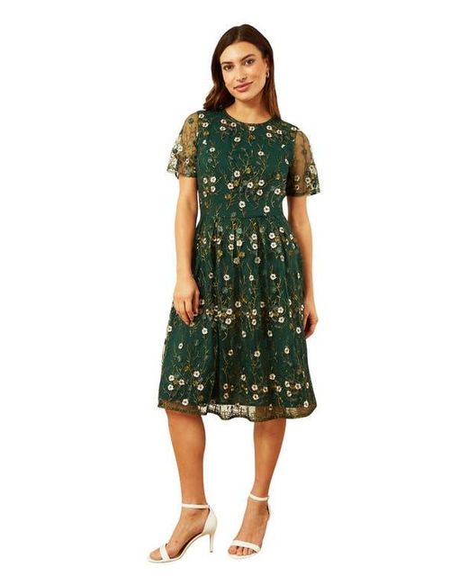 Yumi' Green Embroidered Floral Skater Dress