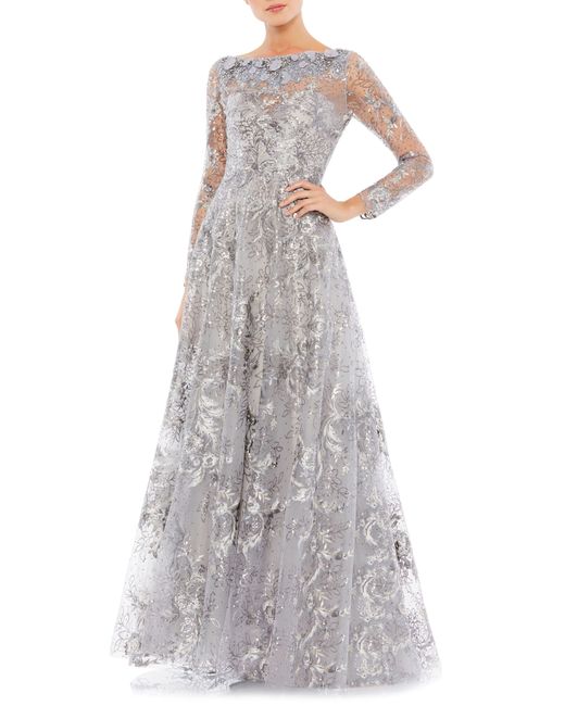 Mac Duggal Gray Sequin Long Sleeve A-line Gown