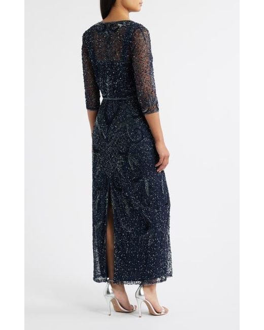 Pisarro Nights Blue Beaded Sequin Embellished Mesh Column Gown With Jacket