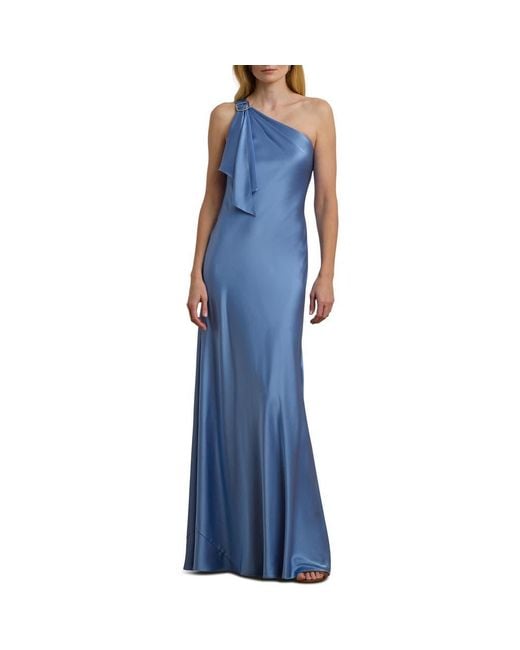 Ralph Lauren Women's Blue Satin Charmeuse One-Shoulder Gown